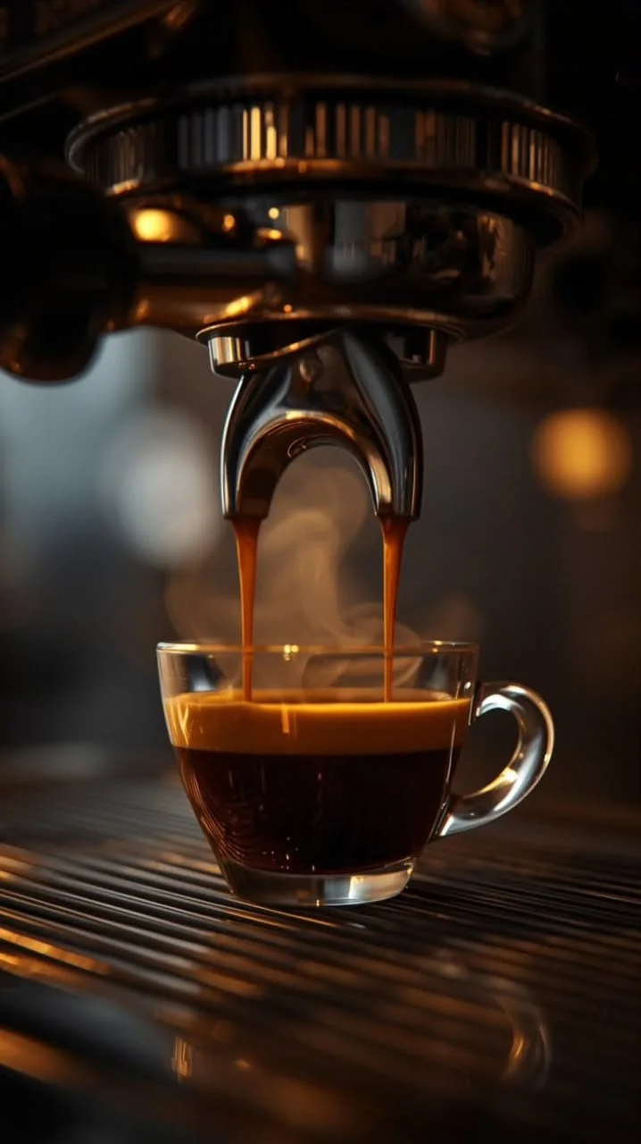 Espresso pouring from a coffee machine into a glass cup