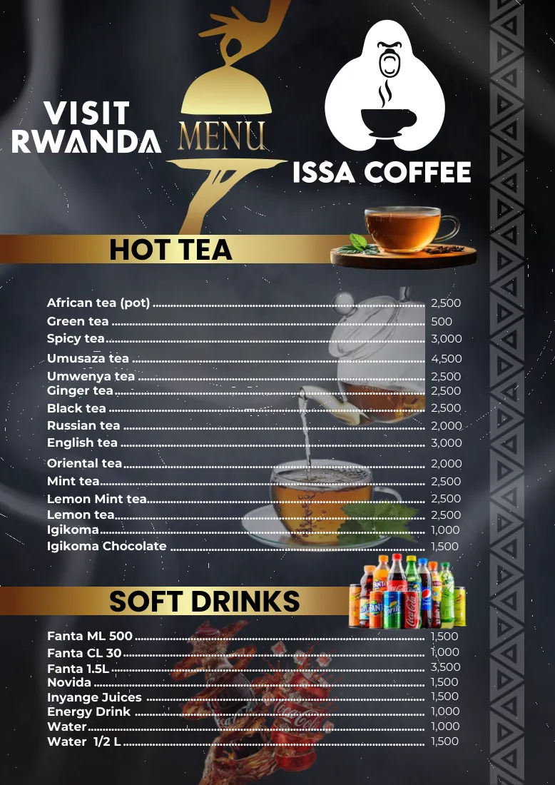 Issa Coffee Standard menu, page 2: Hot Tea & Soft Drinks