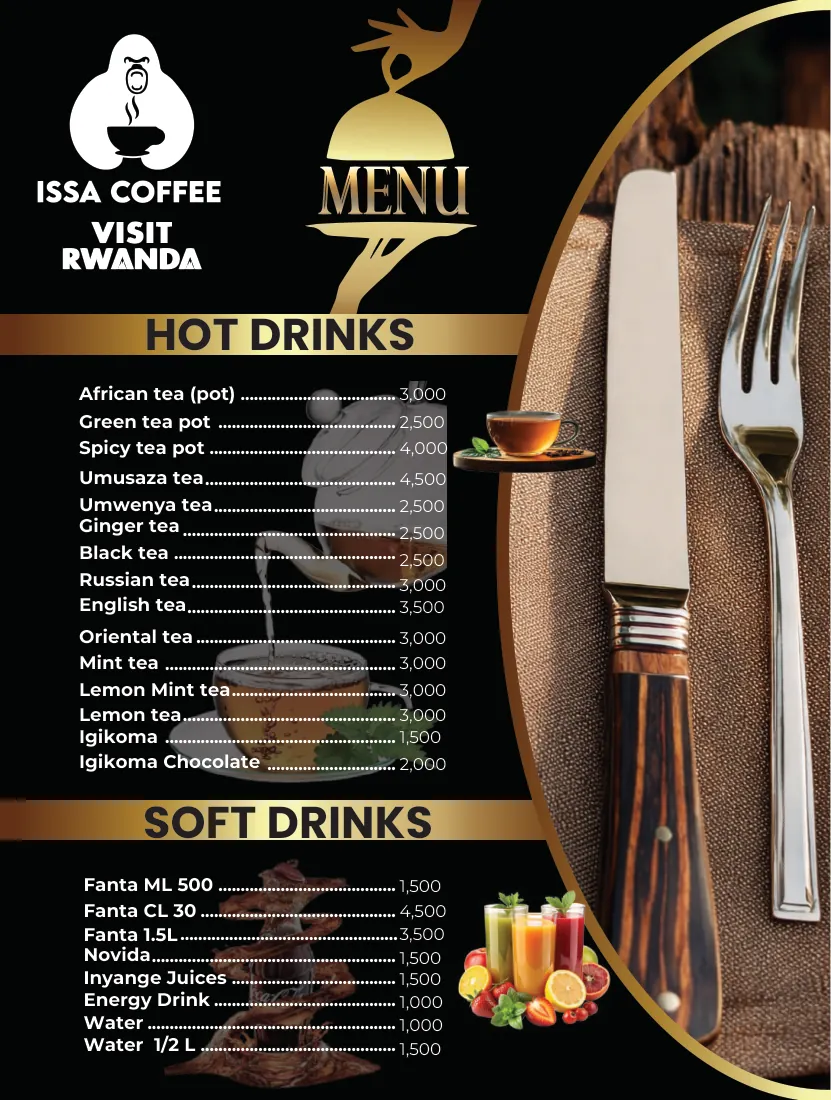 Issa Coffee VIP menu, page 2: Hot Tea & Soft Drinks