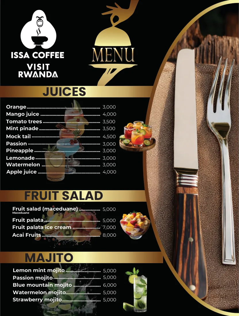 Issa Coffee VIP menu, page 5: Juices & Mojitos
